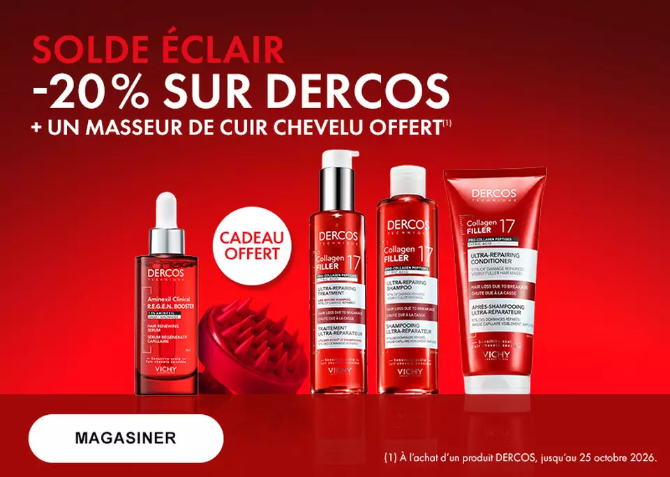 Solde eclair! 20% de rabais sur Dercos soins capillaires + Masseur de cuir chevelu offert. Offre se termine le 25 octobre.