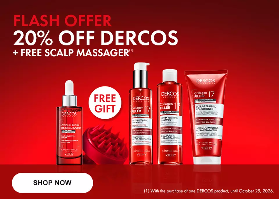 Flash offer! 20% off Dercos Hair Care + Free Scalp Massager with Purchase. Offer Ending October 25.